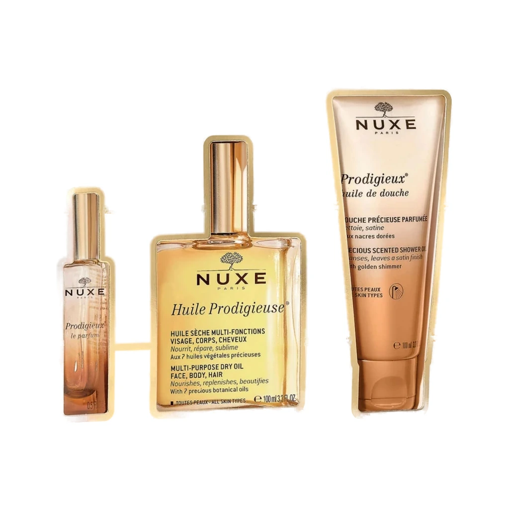 Nuxewomen The Prodigieux Collection: Prodigieux Le Parfum Eau De Parfum 15ml + Huile Prodigieux 100ml + Prodigieux Shower Oil 100ml + Prodigieux Candle